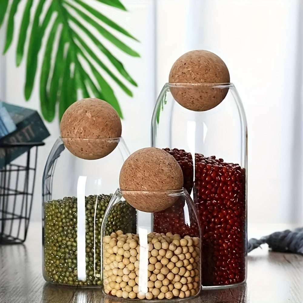 Glass Storage Jars with Cork Lid Set of 3 | 17oz 500ml Airtight Glass Containers with Spherical Cork Stopper | Kitchen Organizer for Tea