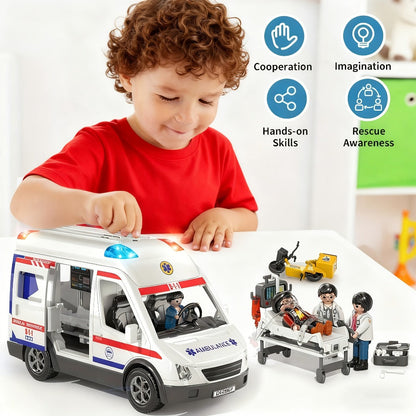 Ambulance Toy Playset for Kids Ages 3-8, Realistic Friction-Powered Emergency Vehicle with Flashing Lights & Siren Sound