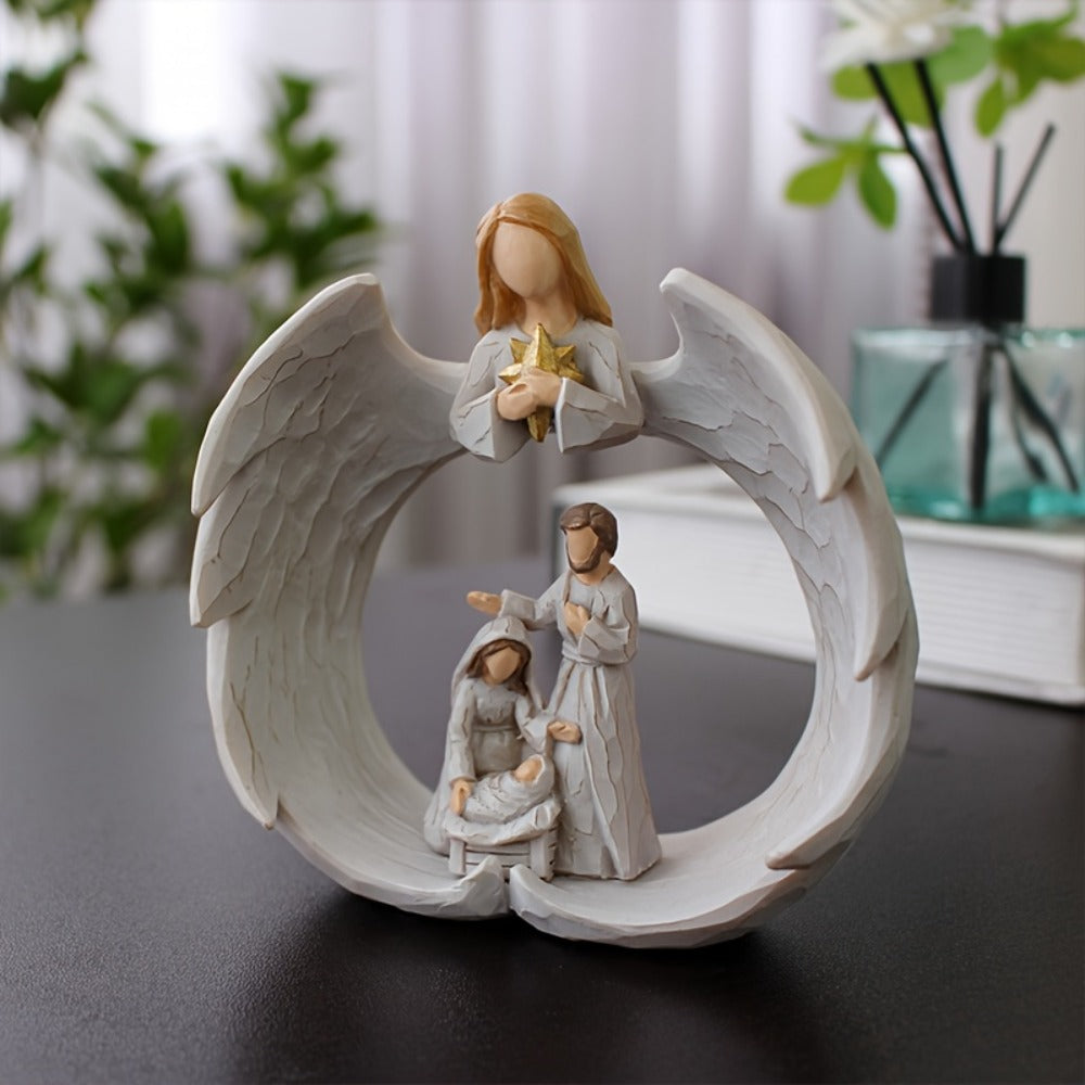 Nativity Scene Statue - Holy Family & Angel White Resin Figurine, Beautifully Crafted Religious Decor for Christmas