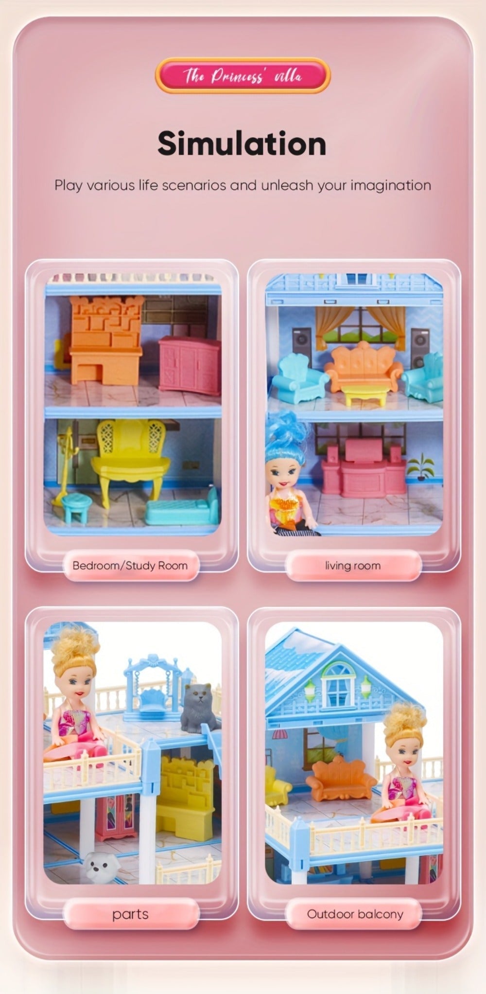 Princess Doll House Castle with Furniture & Accessories, Pink or Blue Mini Villa Playset 14 to 27 Rooms