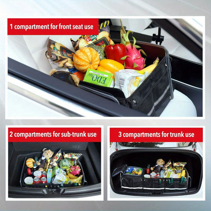 Collapsible Car Trunk Organizer with Three Compartments, Removable Dividers, Lid and Tie-Down Straps