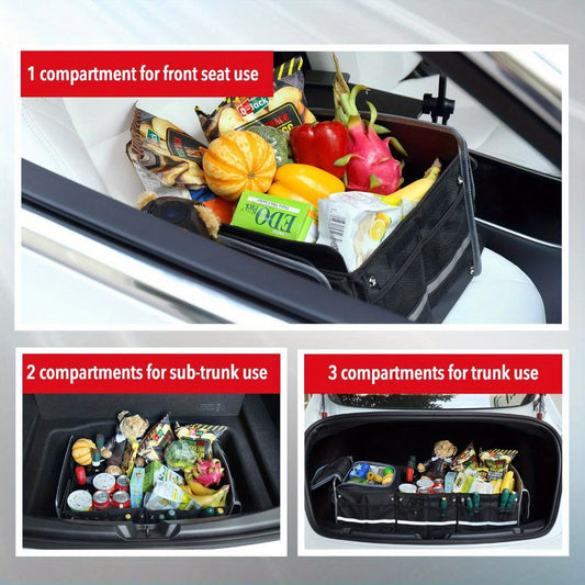 Collapsible Car Trunk Organizer with Three Compartments, Removable Dividers, Lid and Tie-Down Straps