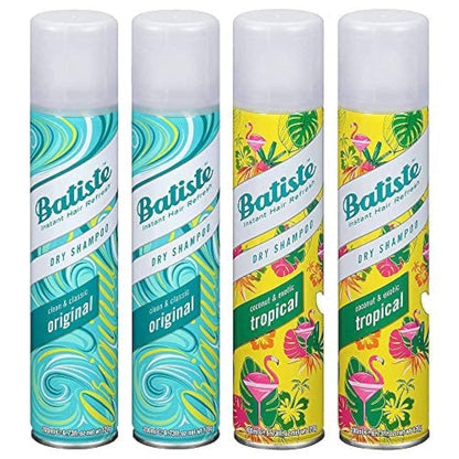 Batiste Dry Shampoo Spray Variety 4 Pack Original & Tropical 200ml Each, Instant Volume & Oil Absorption for All Hair Types