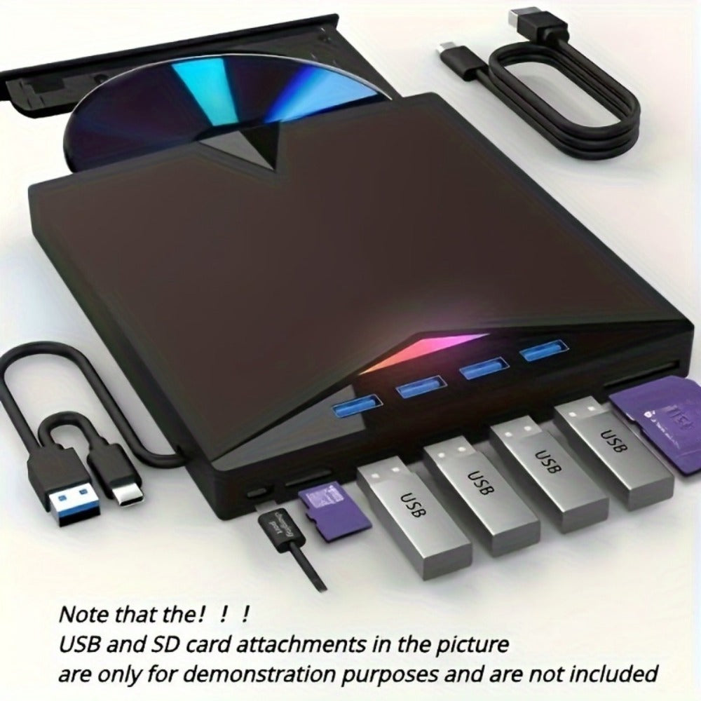7-in-1 External DVD Drive USB 3.0 with 4 USB Ports & Dual TF/SD Card Reader - High-Speed CD/DVD Burner for Laptop Mac PC