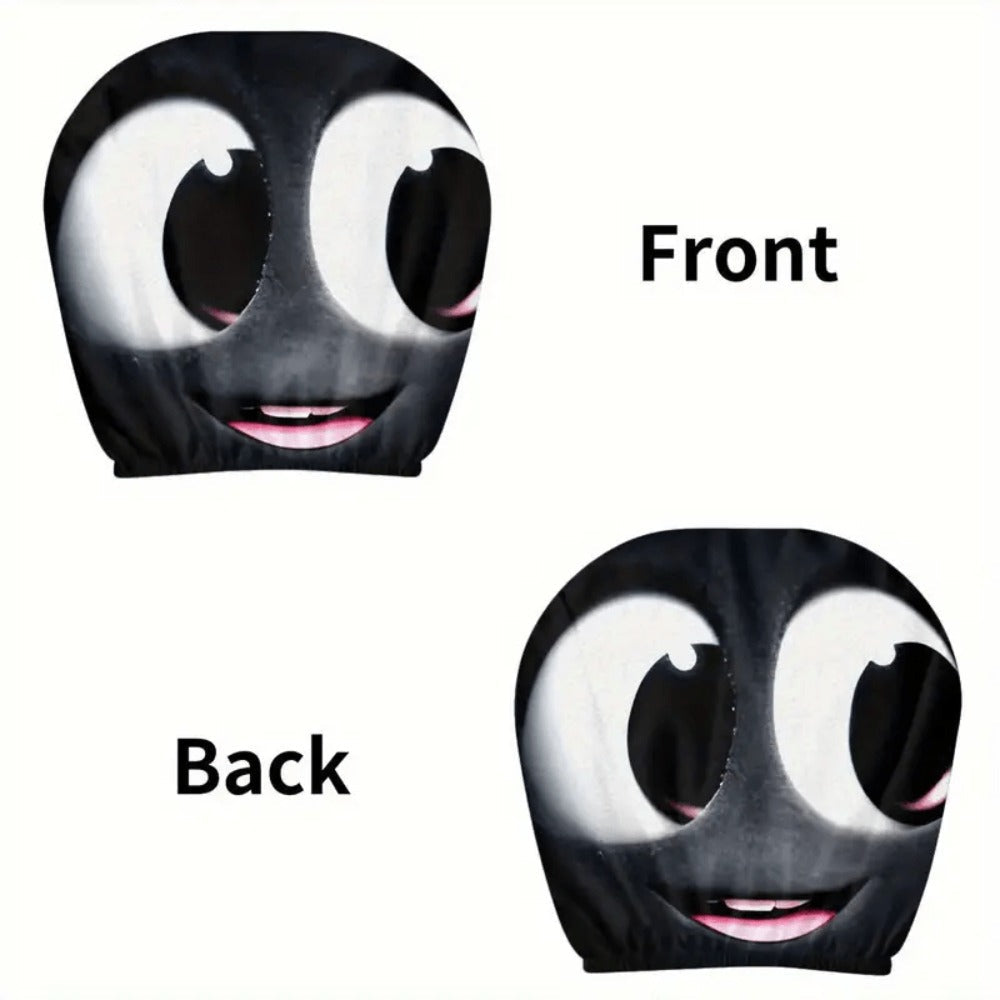 Car Seat Covers 2-Piece Black-and-White Cartoon Face Print for Front Seats with Slip-On Design