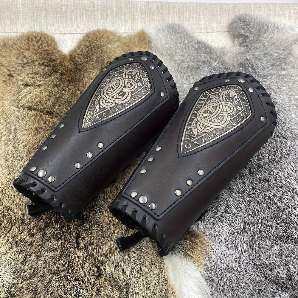 Viking Snake Wrist Guards 2-Pack Medieval Norse Leather Bracers, Nordic Retro Cosplay Props for Halloween LARP Renaissance Faire Costume