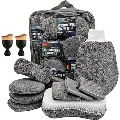 11-Piece Car Cleaning Kit with Microfiber Wash Mitts, Tire Brushes, Applicator Pads and Gray Storage Bag
