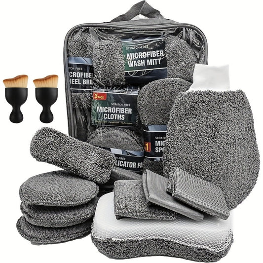 11-Piece Car Cleaning Kit with Microfiber Wash Mitts, Tire Brushes, Applicator Pads and Gray Storage Bag