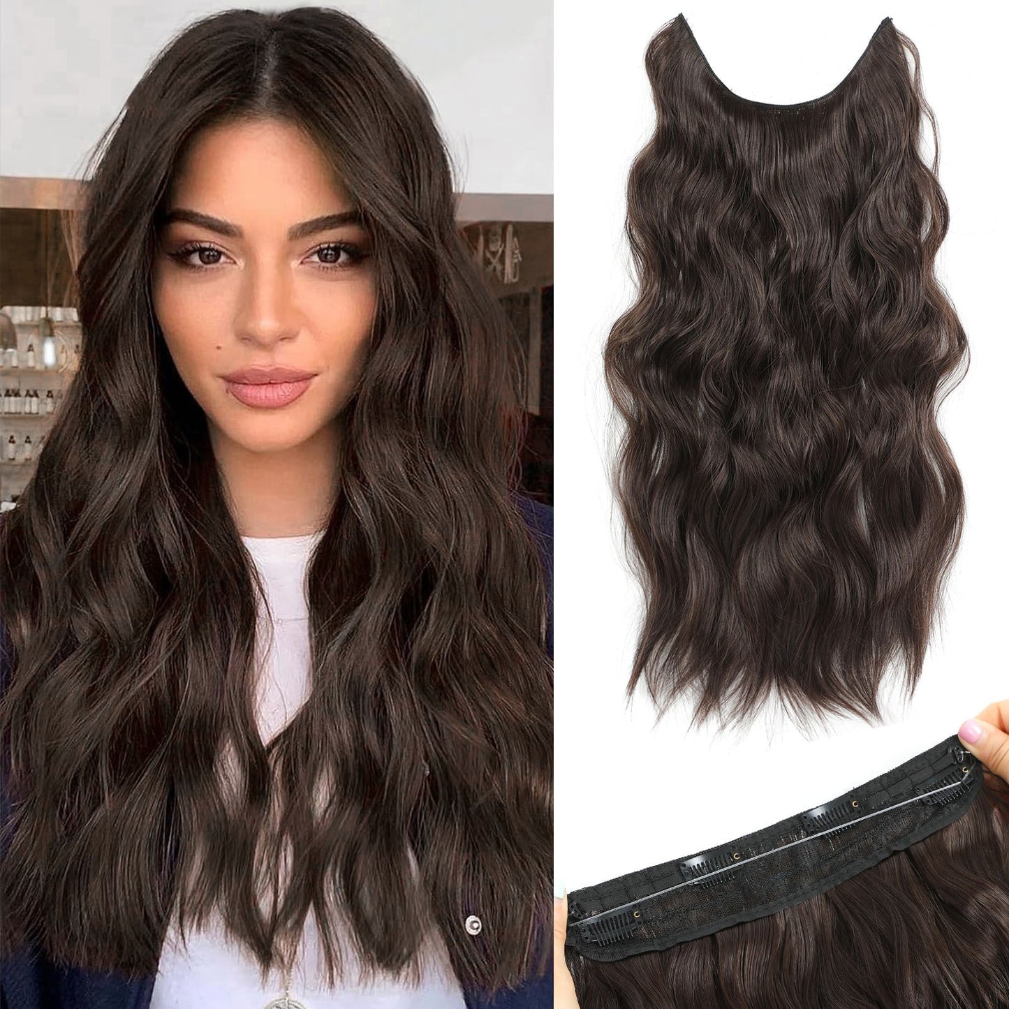 Invisible Wire Hair Extensions 22 Inch for Women – Transparent Fish Line 4 Clips Long Wavy Hairpiece for Thin Fine Hair