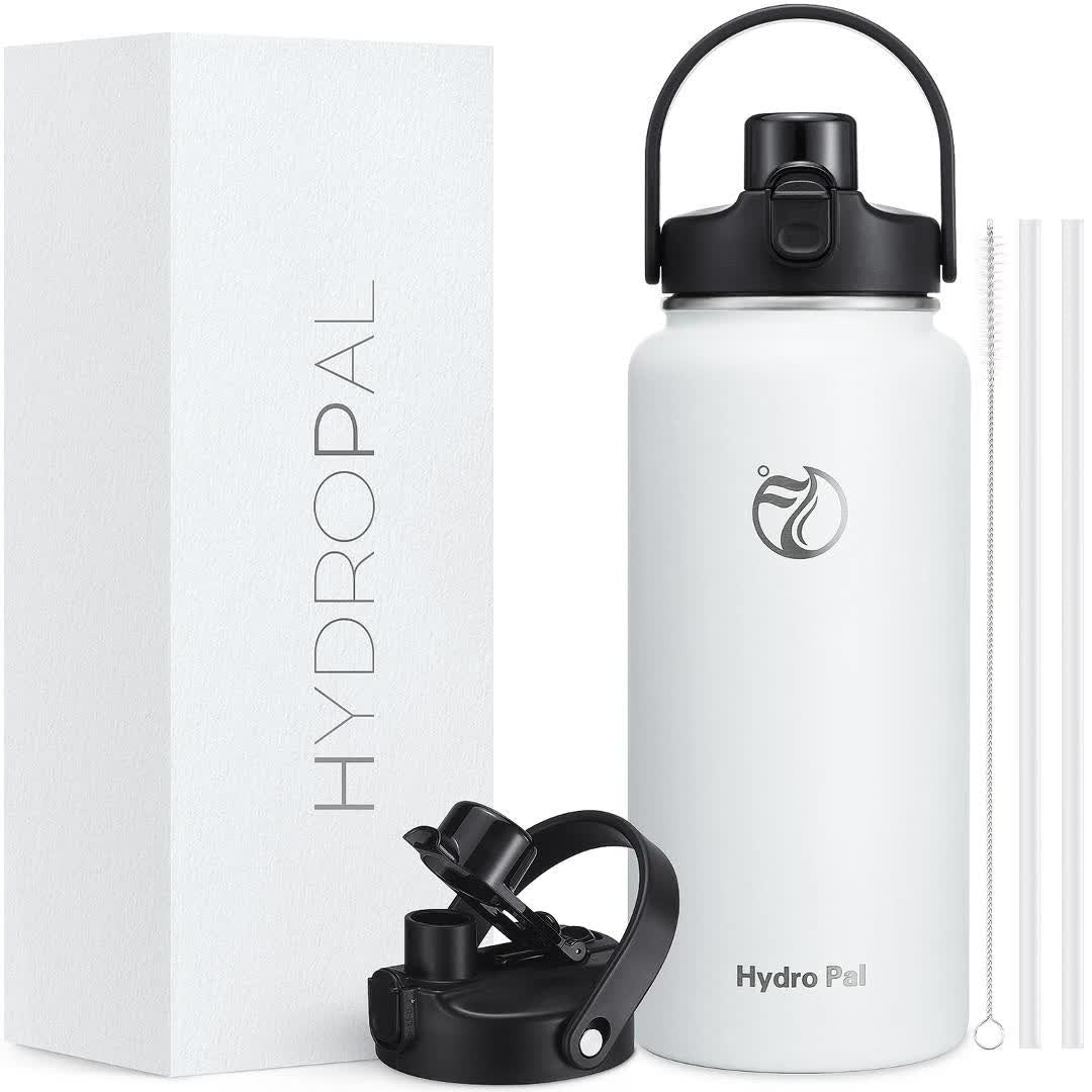 40oz HydroPal Water Bottle with Separate Straw and Chug Lids, Two Straws and 12 Color or Pattern Options