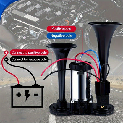 Dual Air Horn Kit 12V/24V 105-137dB with Air Compressor – Super Loud Aluminum Alloy Trumpet Horn for Truck, Train, SUV, Motorcycle