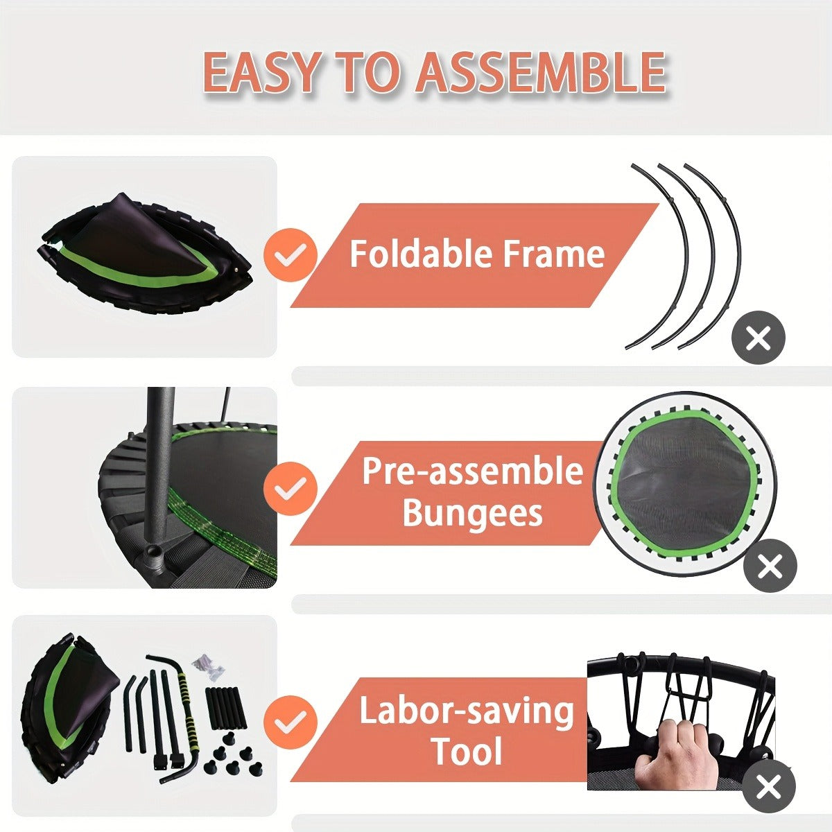 Rebounder Mini Trampoline 40 Inch Foldable with Adjustable Foam Handles – Bungee Elastic Strap Design, Thick Steel Frame, 600 lbs Capacity