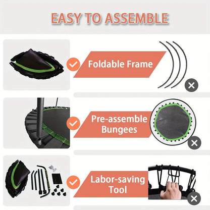 Rebounder Mini Trampoline 40 Inch Foldable with Adjustable Foam Handles – Bungee Elastic Strap Design, Thick Steel Frame, 600 lbs Capacity