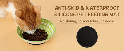 Ceramic Cat Bowls Set of 6 – Shallow Wide Cat Food Plate Whisker Friendly with Non-Slip Mat, Fairy Tales Colorful Design