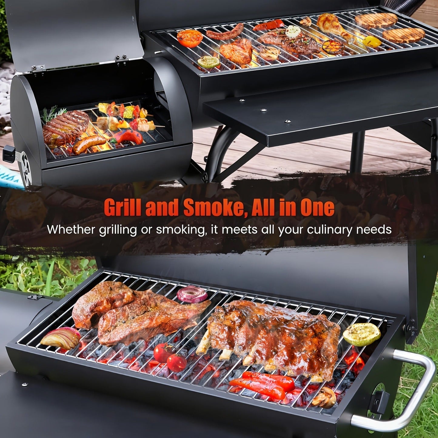 Barrel Charcoal Grill with Offset Smoker, Wheeled Cart, Side Firebox and Two Black Configuration Options