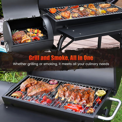 Barrel Charcoal Grill with Offset Smoker, Wheeled Cart, Side Firebox and Two Black Configuration Options