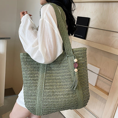 Straw Woven Tote Bag for Women with Tassel, Large Beach Storage and 3 Natural Color Options