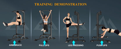 Power Tower Dip Station Pull Up Bar for Home Gym – 330lb Capacity, 10 Height Levels 65"-83", 6 Exercise Positions