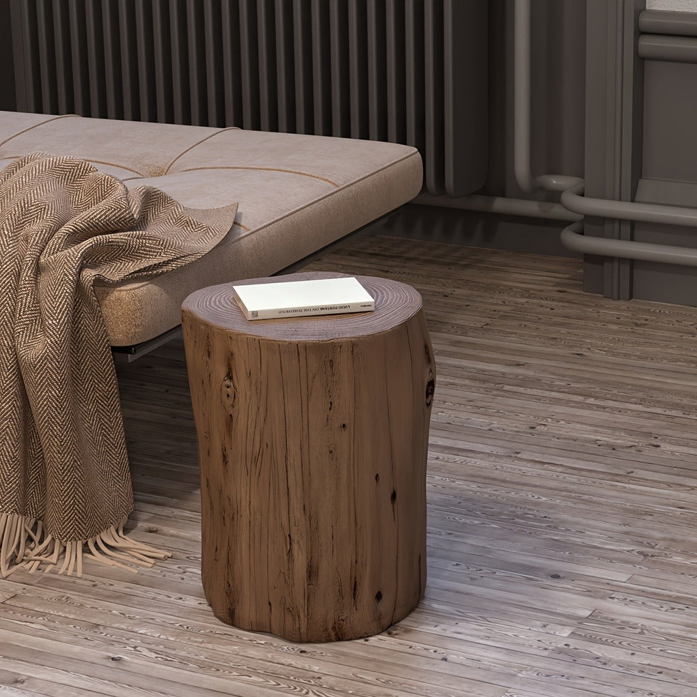 Outdoor Side Table Faux Wood Tree-Stump Design in Magnesia with Cylindrical Form and Brown Finish