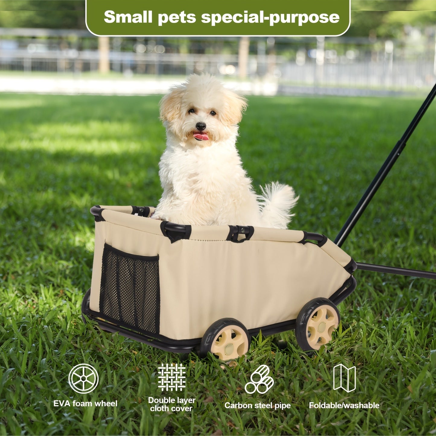 Pet Stroller Foldable 4-Wheel Dog Cat Stroller with Storage Basket – 360° Swivel Front Wheels, Rear Brake