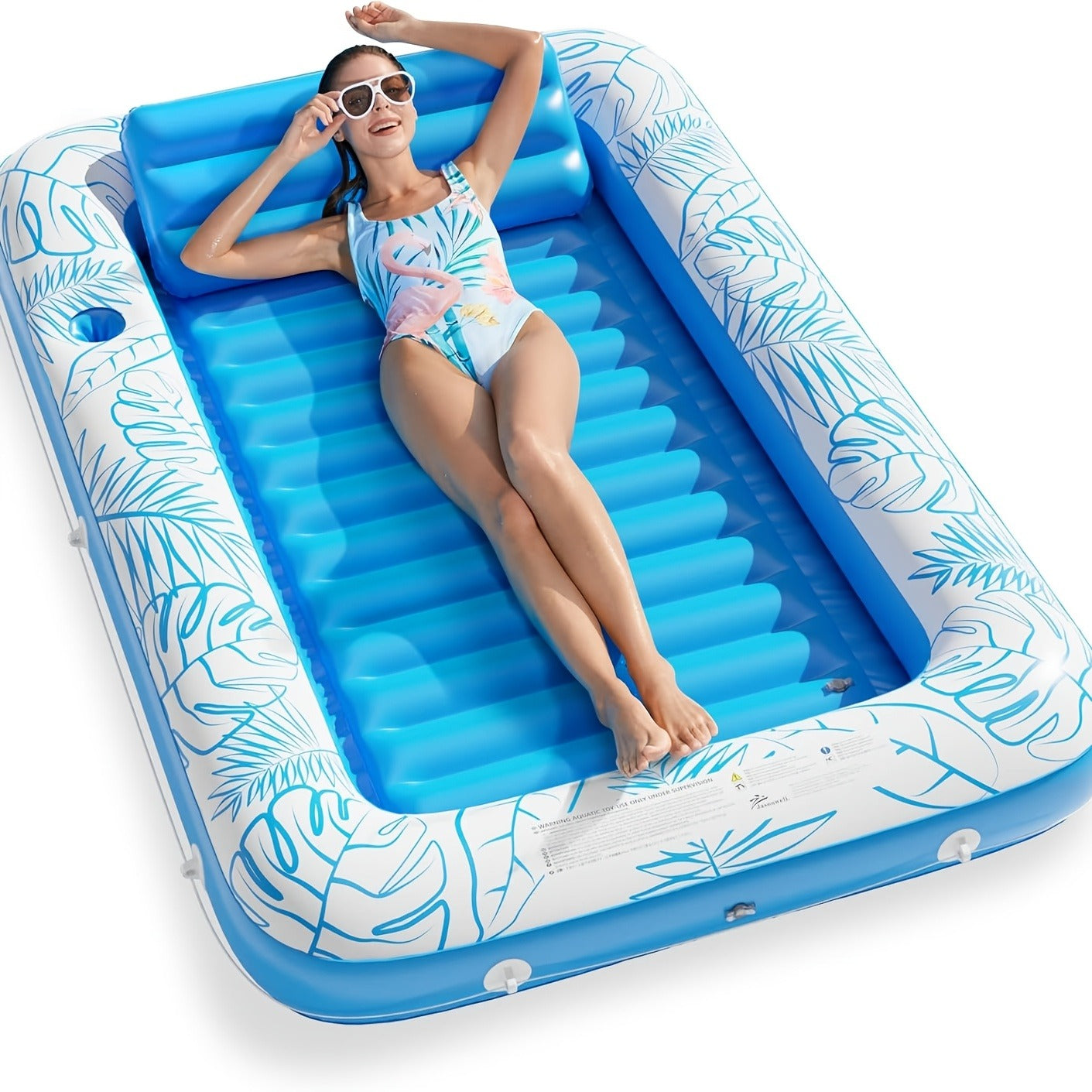 Tanning Pool Float 4-in-1, Inflatable Sunbathing Lounger with Detachable Pillow, Cup Holder & Wrap Rope