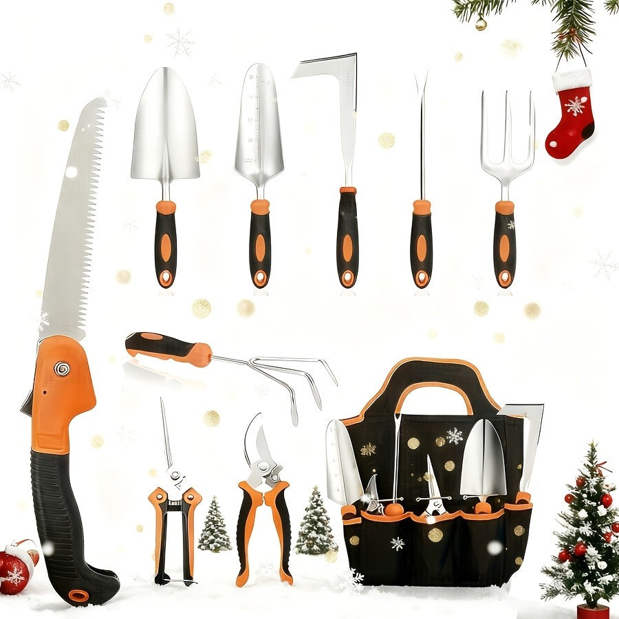 Garden Tool Set 10-Piece | Heavy Duty Stainless Steel Trowel Pruner Rake Weeder with Tote Bag | Ergonomic Non-Slip Grip Gardening Kit Gift
