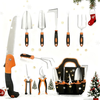 Garden Tool Set 10-Piece | Heavy Duty Stainless Steel Trowel Pruner Rake Weeder with Tote Bag | Ergonomic Non-Slip Grip Gardening Kit Gift