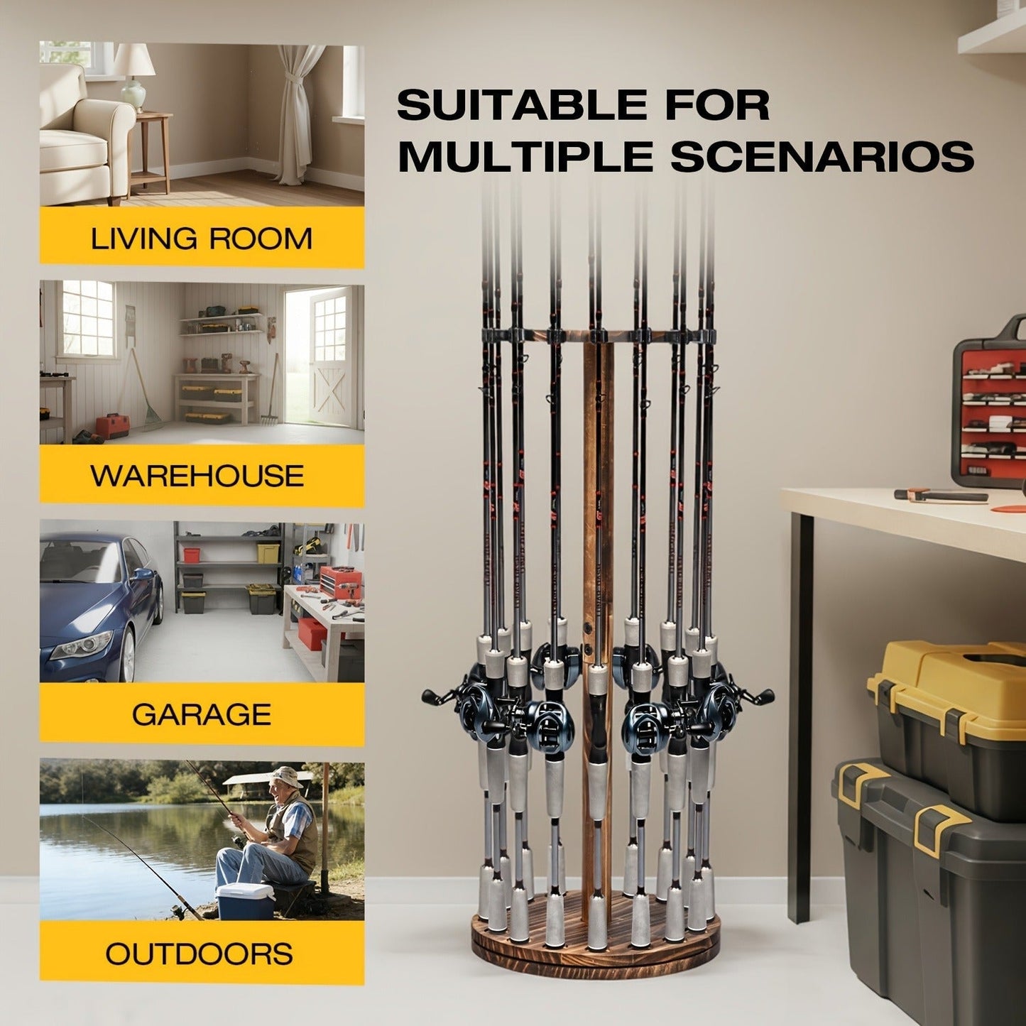 Wooden Fishing Rod Rack 360 Degree Rotating Circular Holds 16 Rods Space Saving Fishing Pole Organizer for Garage Home Storage