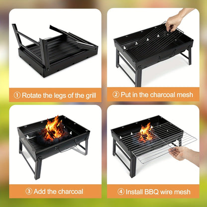 Folding Charcoal Grill with Rectangular Black Body, Layered Grate, Charcoal Mesh and Pull-Out Tray
