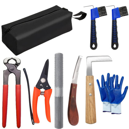 Hoof Trimming Kit 9-Piece Professional Farrier Tools – 10" Carbon Steel Hoof Nippers, Shears, Nail Clipper