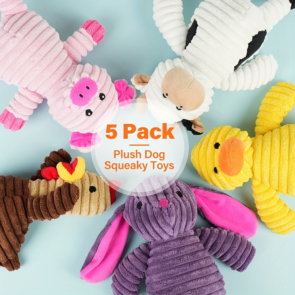 Dog Chew Toys, Squeaky Plush Dog Toys Pack of 5 – Stuffed Animal Dog Toy Bundle with Embroidered Safety Eyes