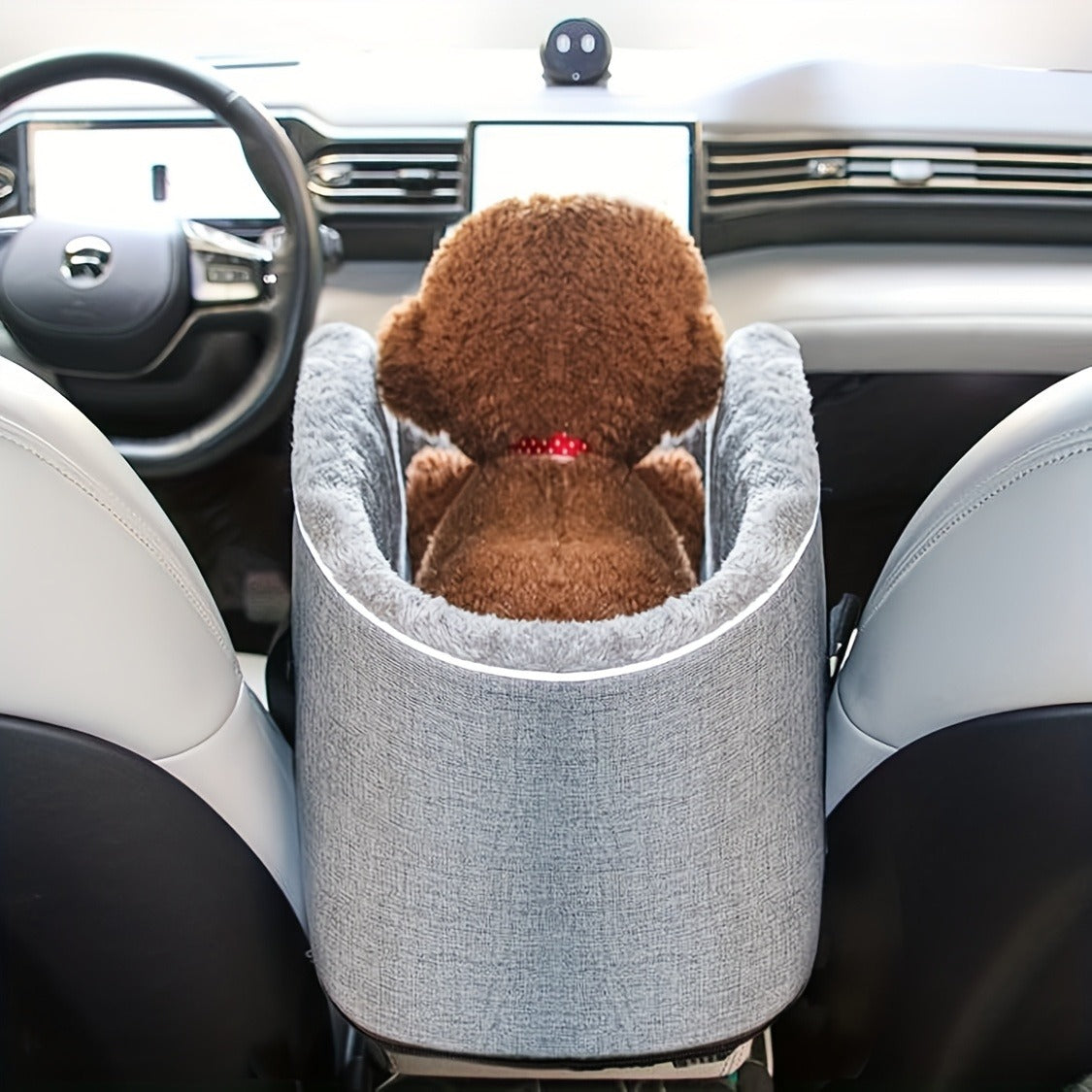 Open-Top Pet Carrier Car Seat Tote with Padded Rim, Attachment Straps, Interior Clip and Grey Fabric Exterior