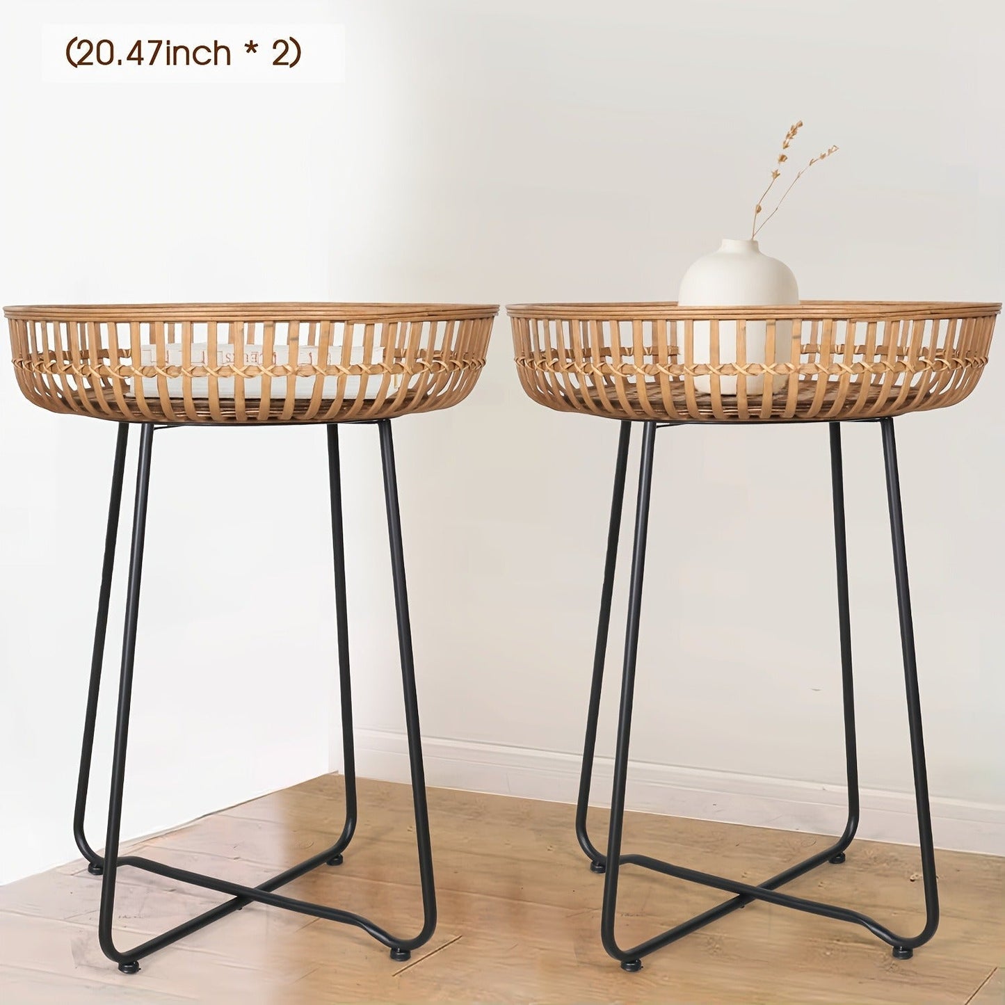Side Table Rattan Collection with Bamboo-Woven Tops, Metal Bases and 18- or 20.4-Inch Options