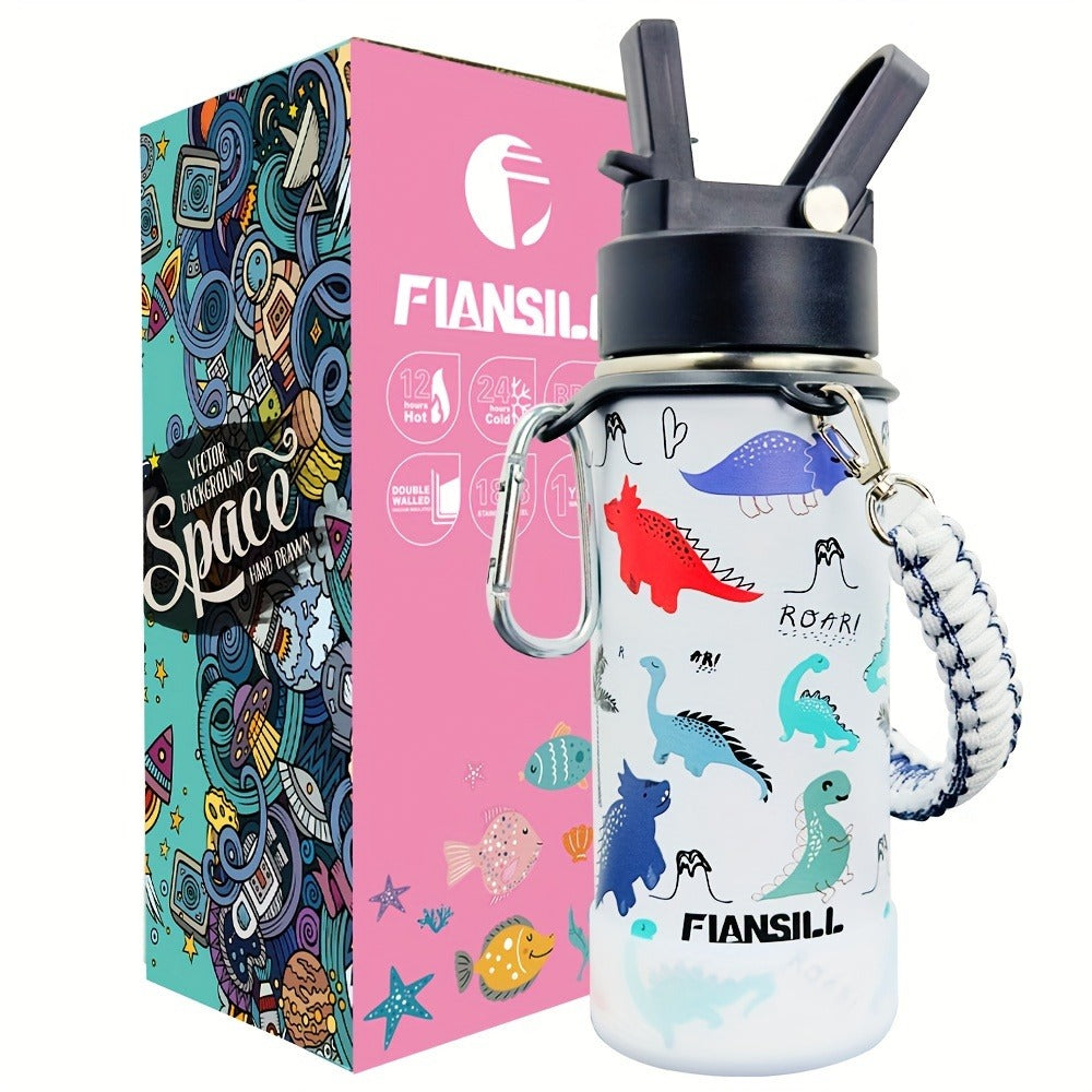 FIANSILL 16oz Stainless Steel Water Bottle with Flip-Up Straw Lid, Wrist Strap, Carabiner and Eight Prints
