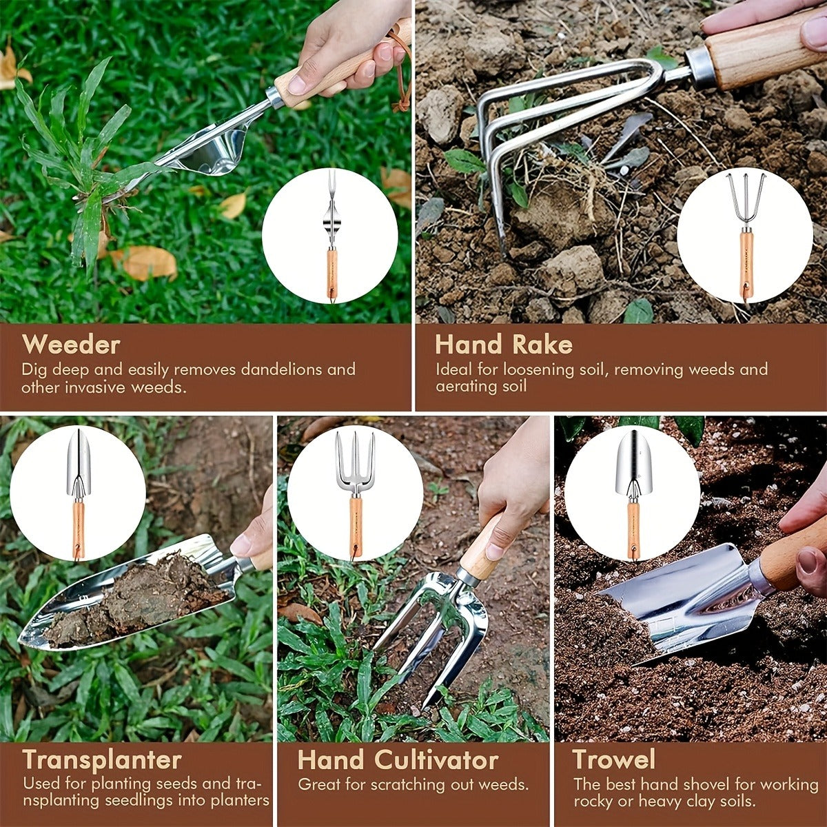 Gardening Kit 9-Piece with Gloves & Carry Bag | Heavy Duty Rust-Resistant Garden Tool Set Trowel Weeder Pruner Rake | Planting Gift