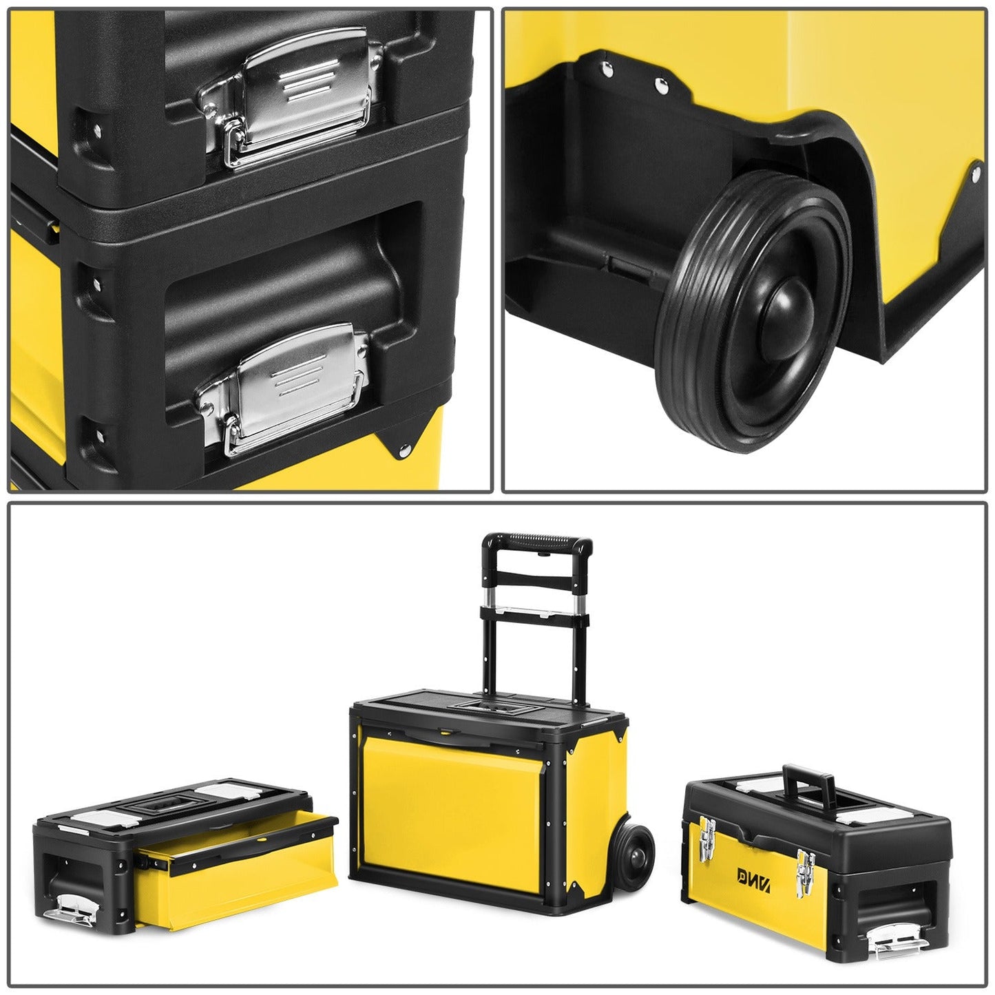 Rolling Tool Box 3-Tier Stackable Portable Toolbox with Wheels 19.5x12x28.5 Inch Steel PP 3-in-1 Detachable Compartments Metal Latches
