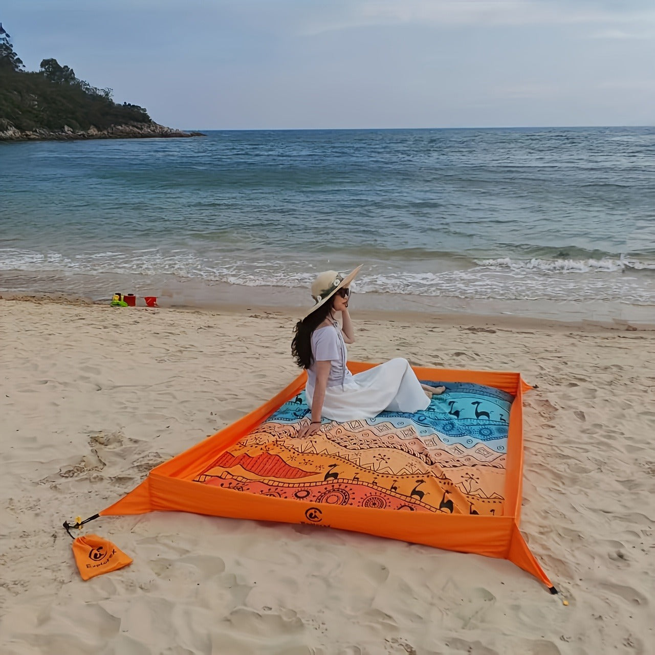 Sand-Wall Beach Mat with Four Stakes and Carry Bag, 140 x 220cm in Six Printed Styles for Outdoor Picnics