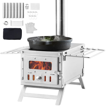 Wood Stove Camping Tent Stove 80 Inch Stainless Steel, 700in³ Firebox, 8 Accessories, BBQ Grill Plate