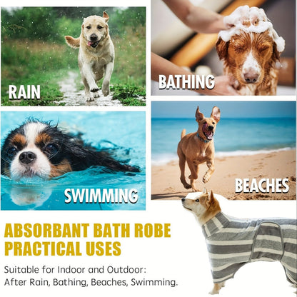 Gray Striped Microfiber Pet Bath Wrap with Adjustable Closure in Small, Medium and Large Sizes