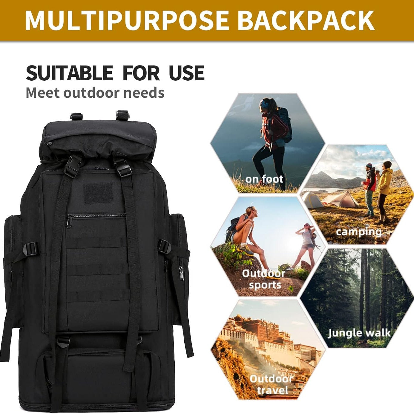 Large Capacity Expandable Outdoor Backpack 26-42 Gal – Soft Shell Geometric Pattern Hiking Rucksack for Camping