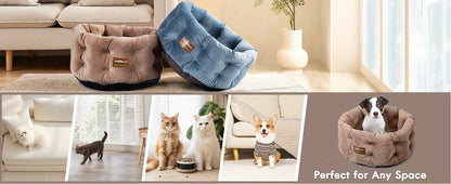Cat Bed Round Deep Nest for Indoor Cats up to 15lbs, Luxurious Velvet Feel Extra High Sides, Machine Washable Non-Slip Bottom