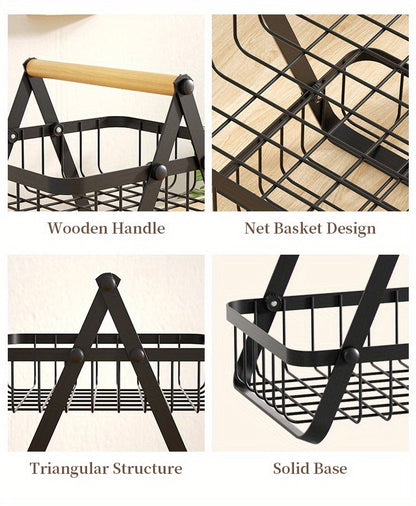 Two-Tier Black Wire Fruit Basket with Wood-Look Carry Handle and 12.2-Inch Countertop Frame