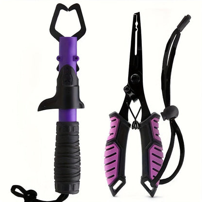 Fishing Pliers Fish Gripper Combo Set 2pcs Stainless Steel Hook Remover Line Cutter with TPR Non-Slip Handle Spring-Loaded Lock
