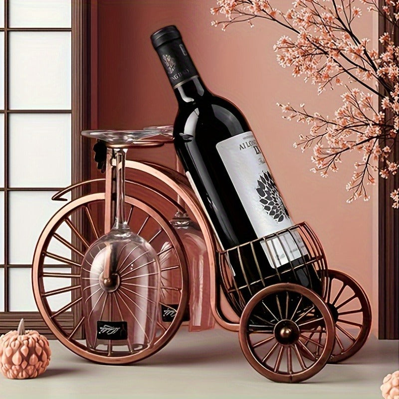 Bicycle-Shaped Tabletop Wine Rack with One Bottle Cradle and Two Stemware Holders in Copper-Tone Finish
