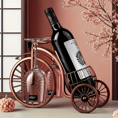 Bicycle-Shaped Tabletop Wine Rack with One Bottle Cradle and Two Stemware Holders in Copper-Tone Finish