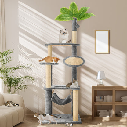 Cat Tree 55" Large Multi-Level Cat Tower for Indoor Cats with Green Leaves, Hammock, Sisal Scratching Posts & Hanging Ball Toy