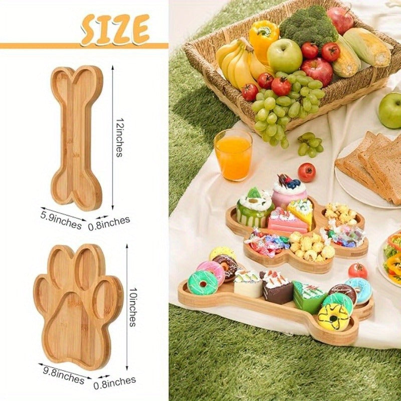 Bamboo Pet Food Bowl Set – Paw & Bone Shaped Wooden Serving Tray with 5-Compartment Snack Platter, Natural Charcuterie Board for Dogs