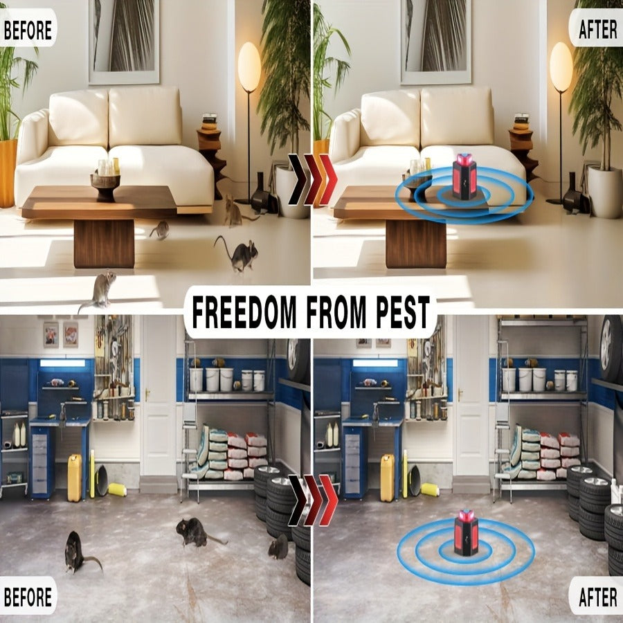 Plug-In Pest Repeller 4-in-1, 360° Soundwave Coverage, Repels Mice, Rats, Cockroaches, Bats & Squirrels