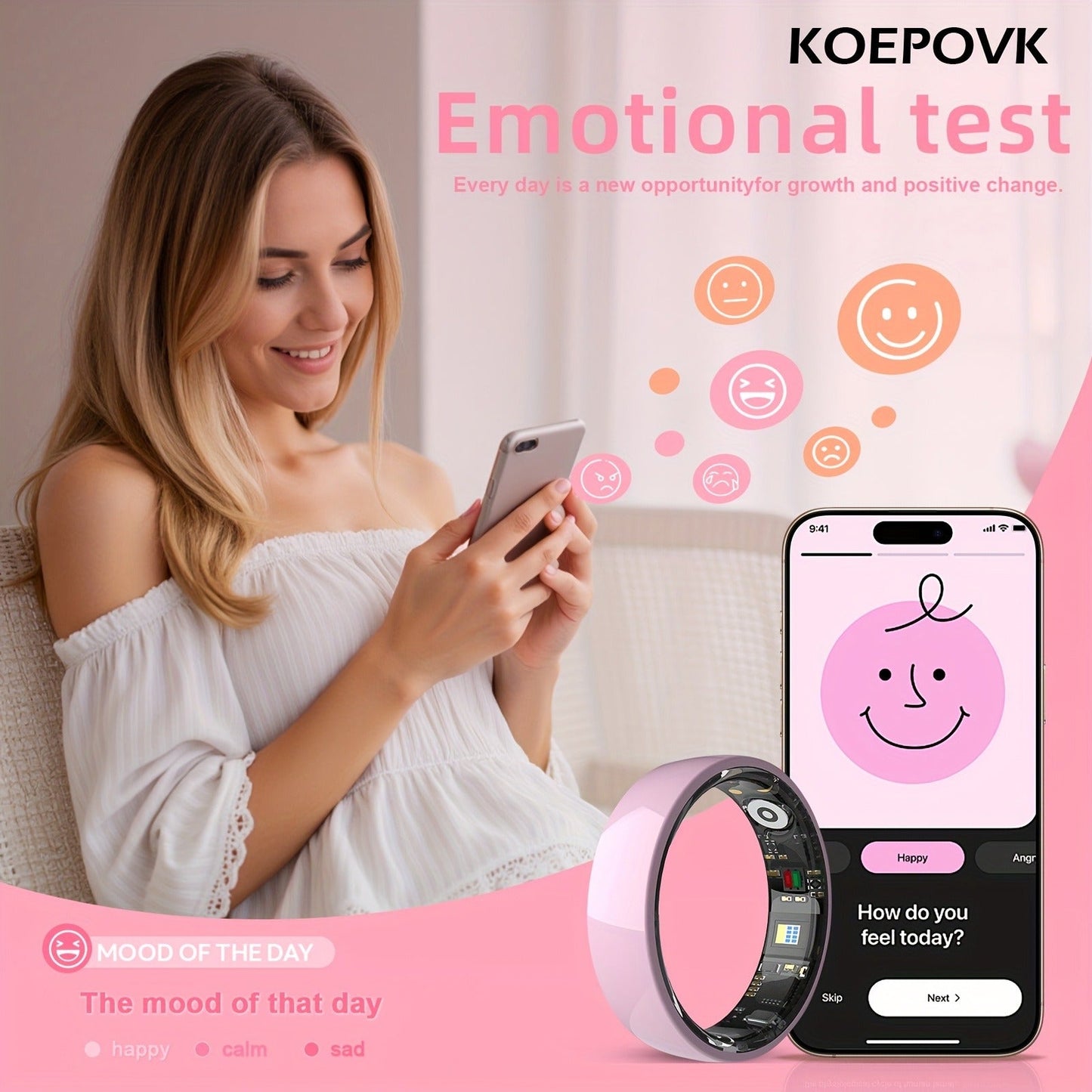 N-Style Smart Ring with Screenless Sensor Design, Charging Case, Black, Pink or White Finish and Sizes 7–13