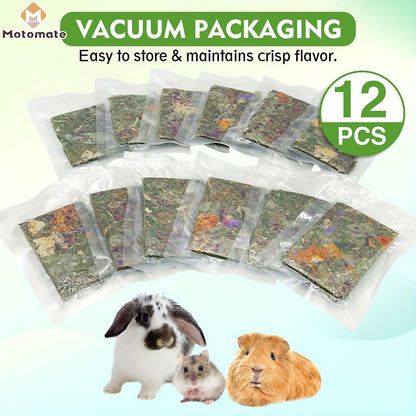 Rabbit Chew Toys for Teeth – 12-Pack Natural Timothy Hay Chips with Herbal Flowers | Bunny Molar Treats & Small Animal Snacks for Guinea